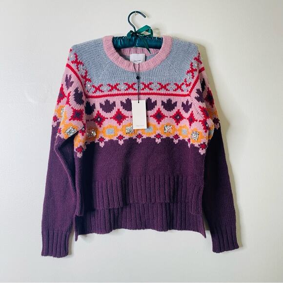 CINQ‎ a SEPT Gianni Fair Isle Sweater Burgundy Wool Sequins Geometric small NEW - Picture 4 of 10
